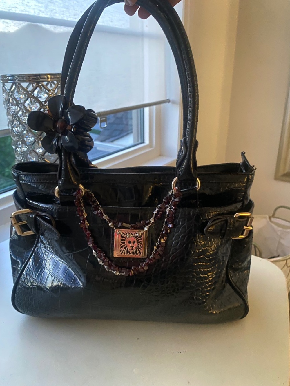 2000s Anne Klein Croc Patent Leather Black Gold Accent Shoulder Bag Purse Tote